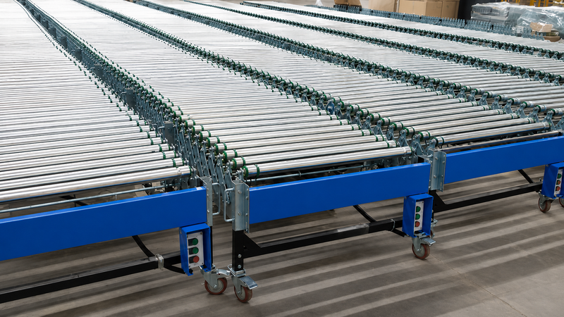 Flexible roller conveyor system used for efficient material handling and package movement in industrial facilities.