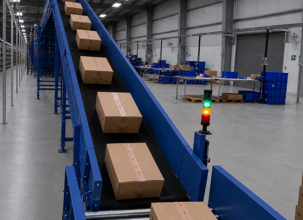 Inclined conveyor system transporting cartons in an industrial warehouse for automated material handling operations.